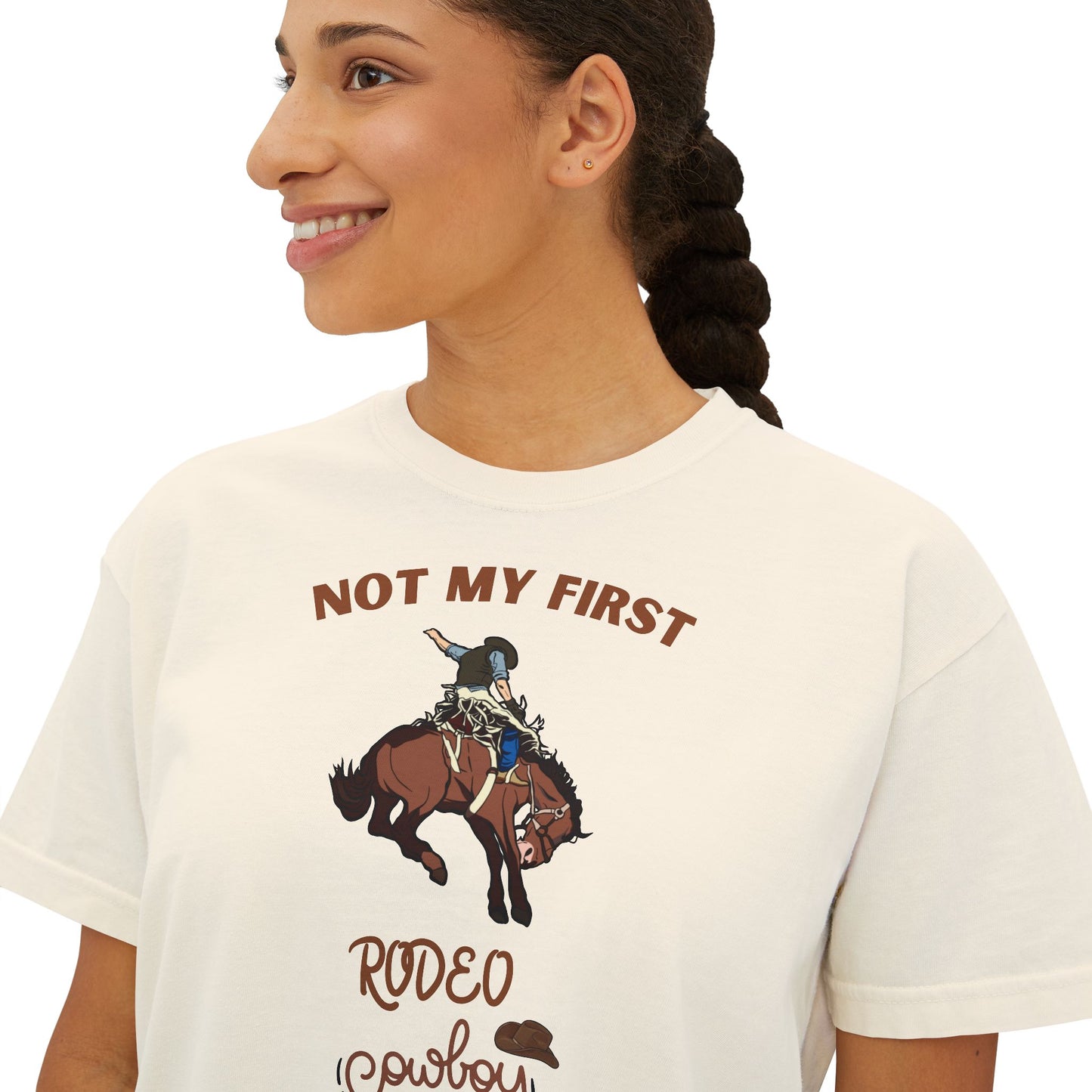 'Not My First Rodeo' Cowboy Graphic Shirt - Women's Boxy Tee