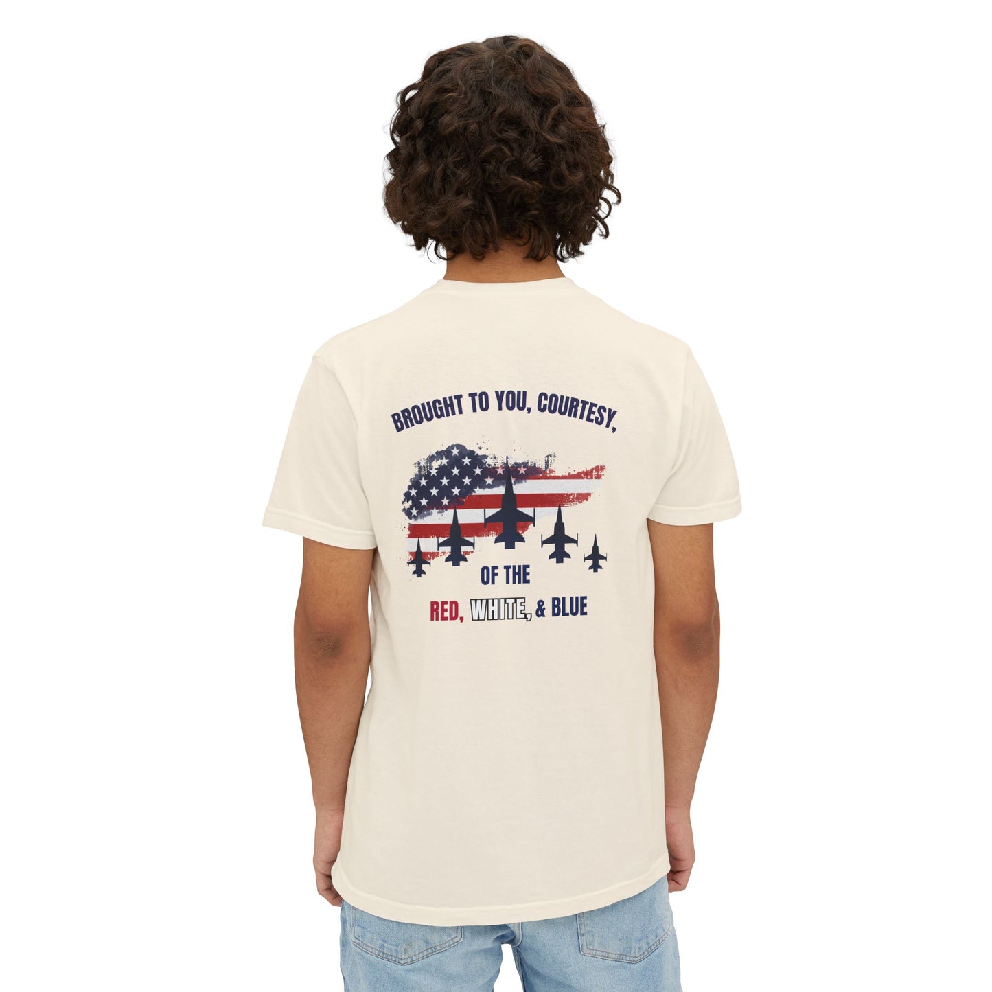 Patriotic Jet Show Pocket T-Shirt — “Brought to You, Courtesy of the Red, White, & Blue”