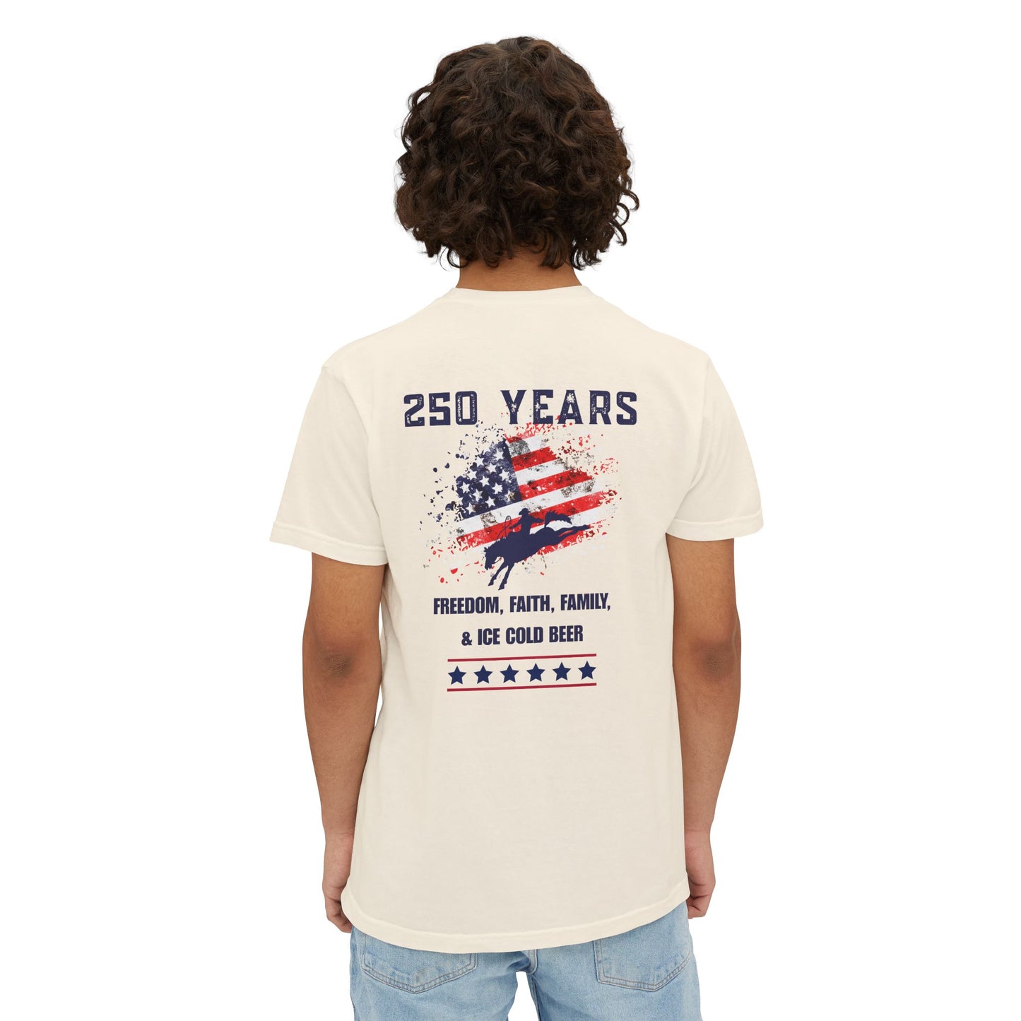 250 Years American Flag Pocket T-Shirt — Freedom, Faith, Family & Beer Graphic Tee- Comfort Colors