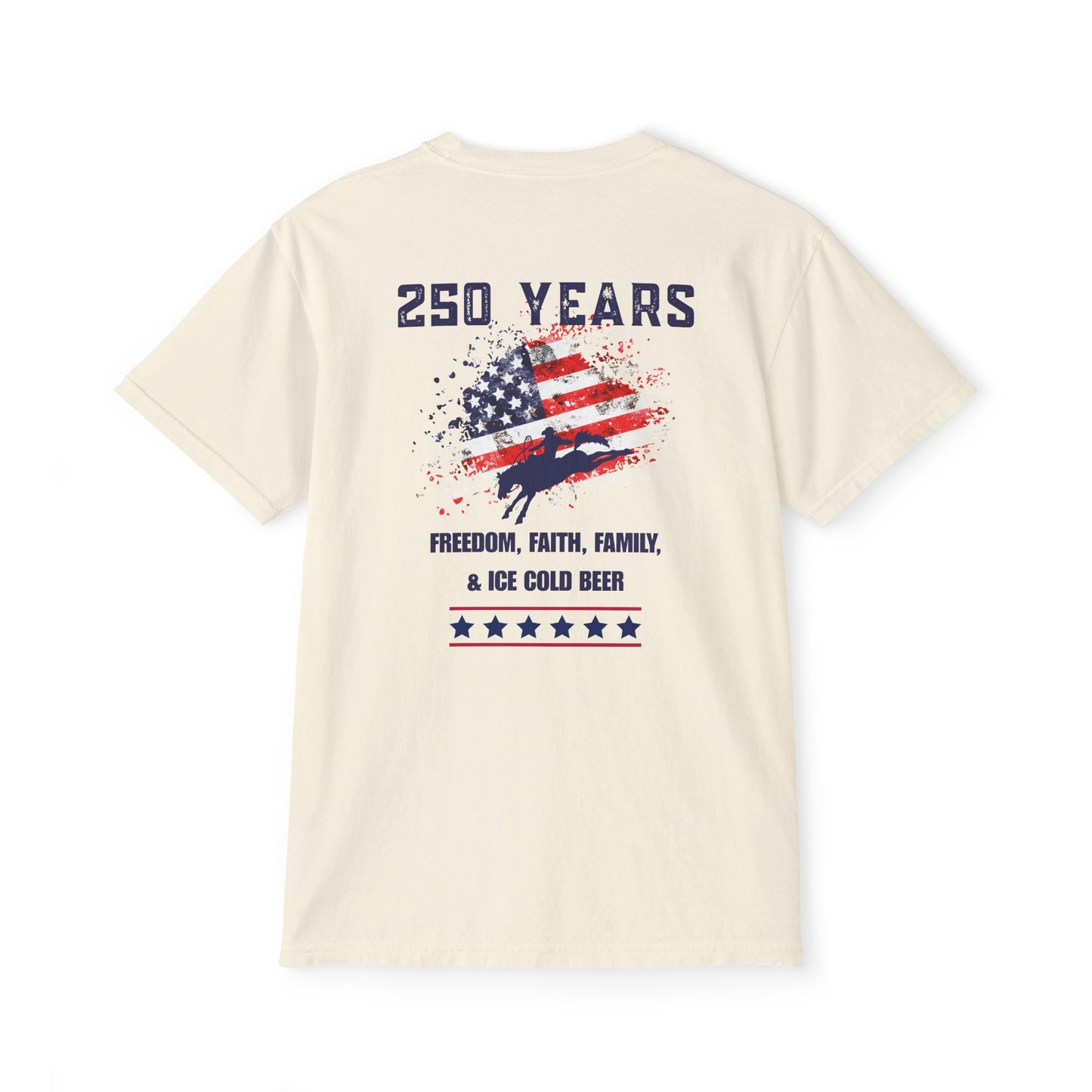 250 Years American Flag Pocket T-Shirt — Freedom, Faith, Family & Beer Graphic Tee- Comfort Colors