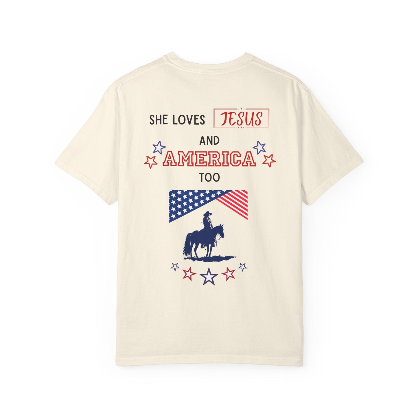 Western Revival T-Shirt — "She Loves Jesus and America Too" Patriotic Cowboy Tee