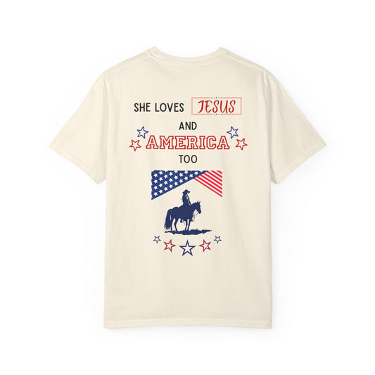 Western Revival T-Shirt — "She Loves Jesus and America Too" Patriotic Cowboy Tee