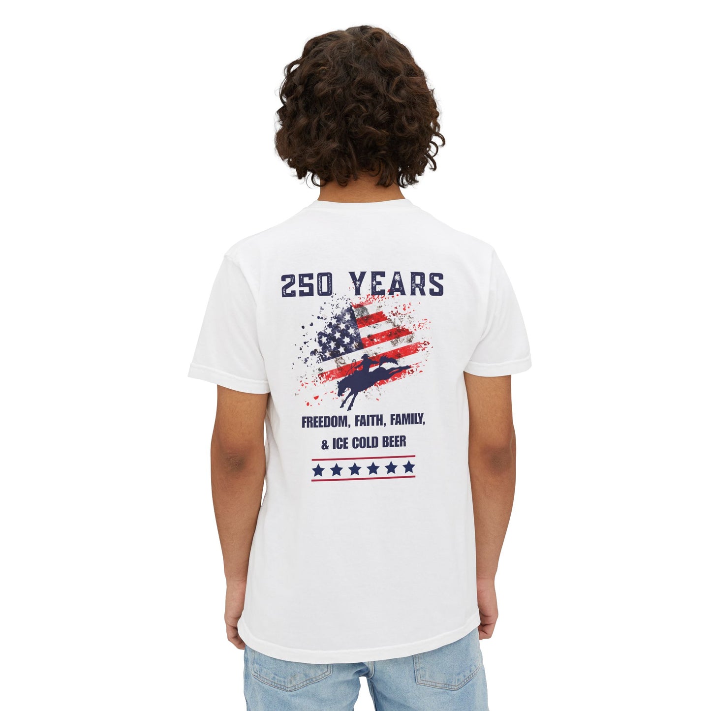 250 Years American Flag Pocket T-Shirt — Freedom, Faith, Family & Beer Graphic Tee- Comfort Colors