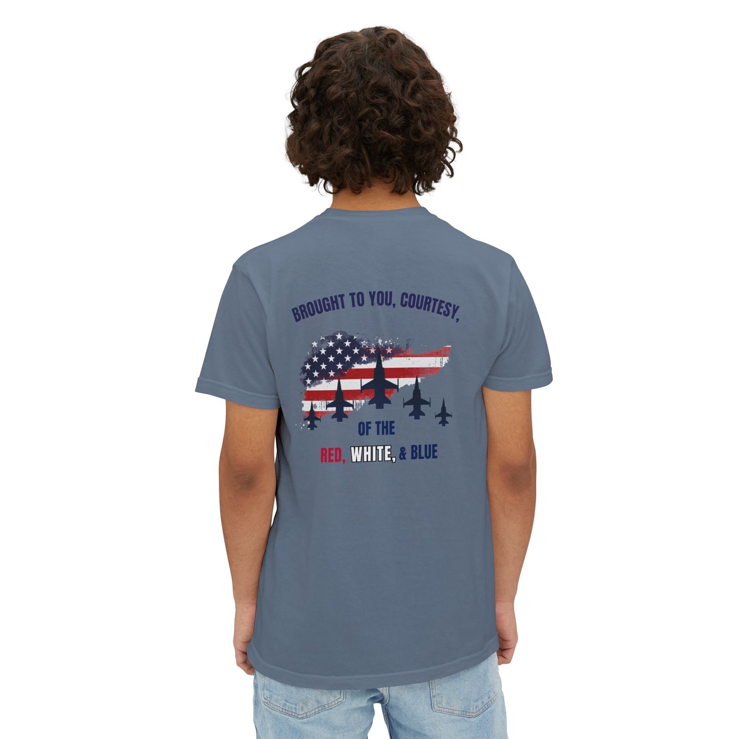 Patriotic Jet Show Pocket T-Shirt — “Brought to You, Courtesy of the Red, White, & Blue”