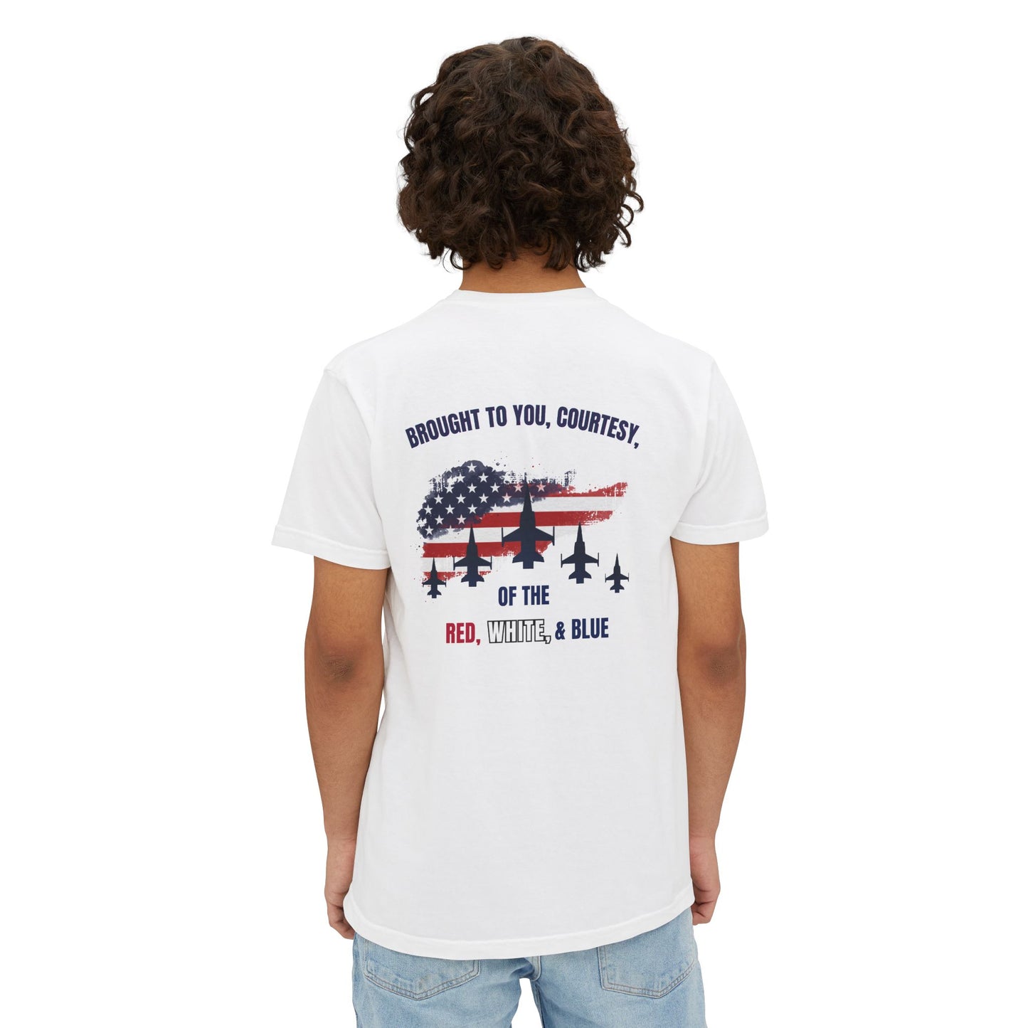 Patriotic Jet Show Pocket T-Shirt — “Brought to You, Courtesy of the Red, White, & Blue”