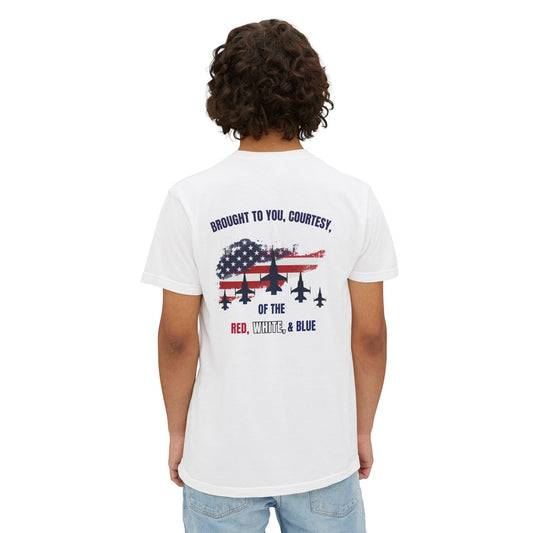 Patriotic Jet Show Pocket T-Shirt — “Brought to You, Courtesy of the Red, White, & Blue”