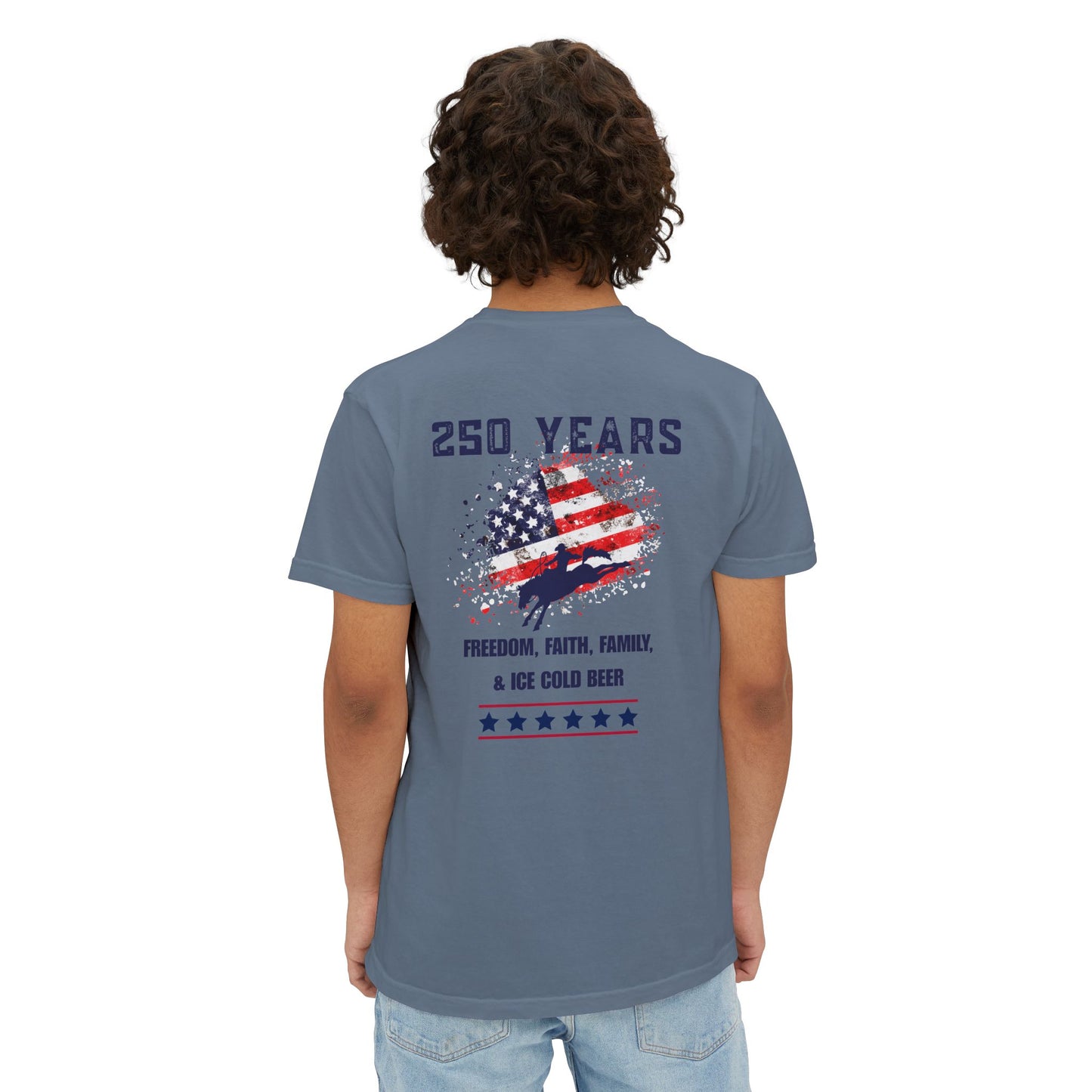 250 Years American Flag Pocket T-Shirt — Freedom, Faith, Family & Beer Graphic Tee- Comfort Colors