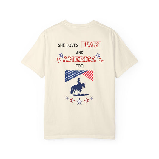 Western Revival T-Shirt — "She Loves Jesus and America Too" Patriotic Cowboy Tee