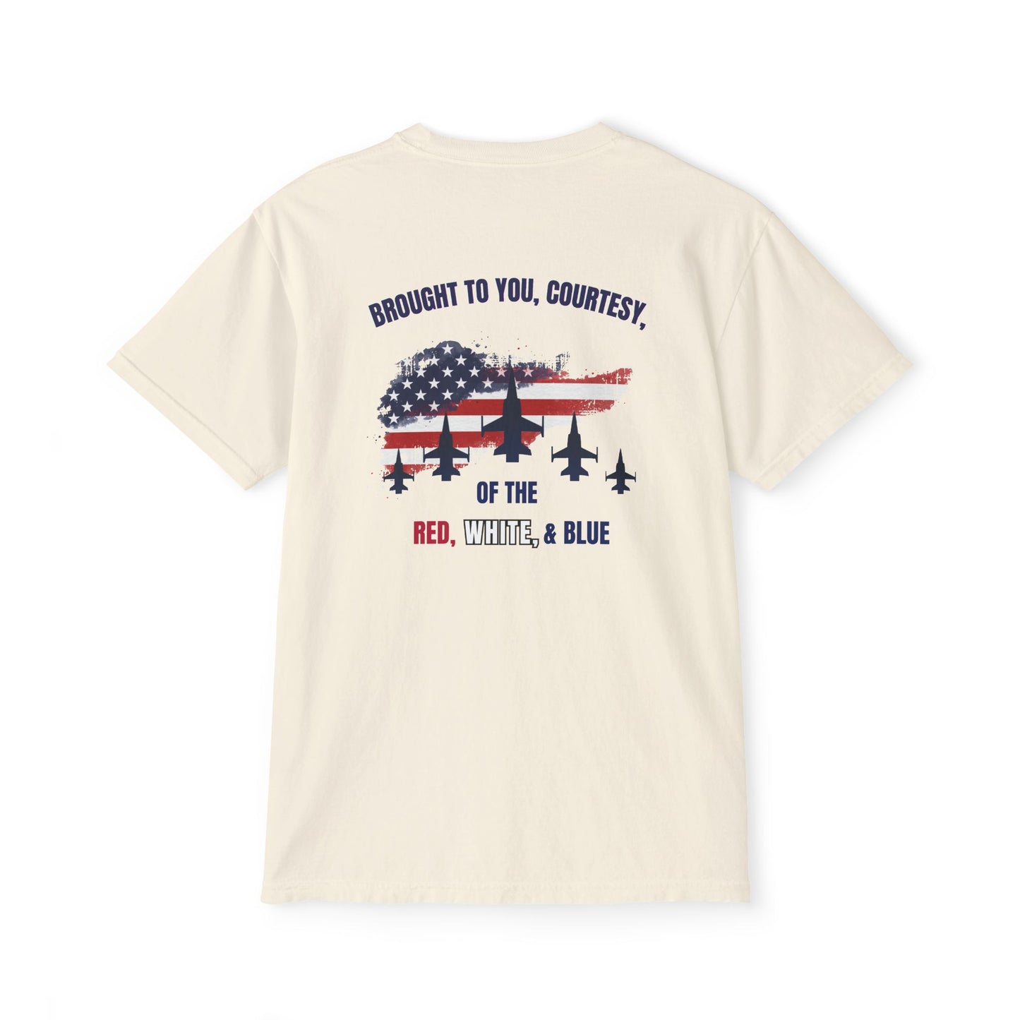 Patriotic Jet Show Pocket T-Shirt — “Brought to You, Courtesy of the Red, White, & Blue”