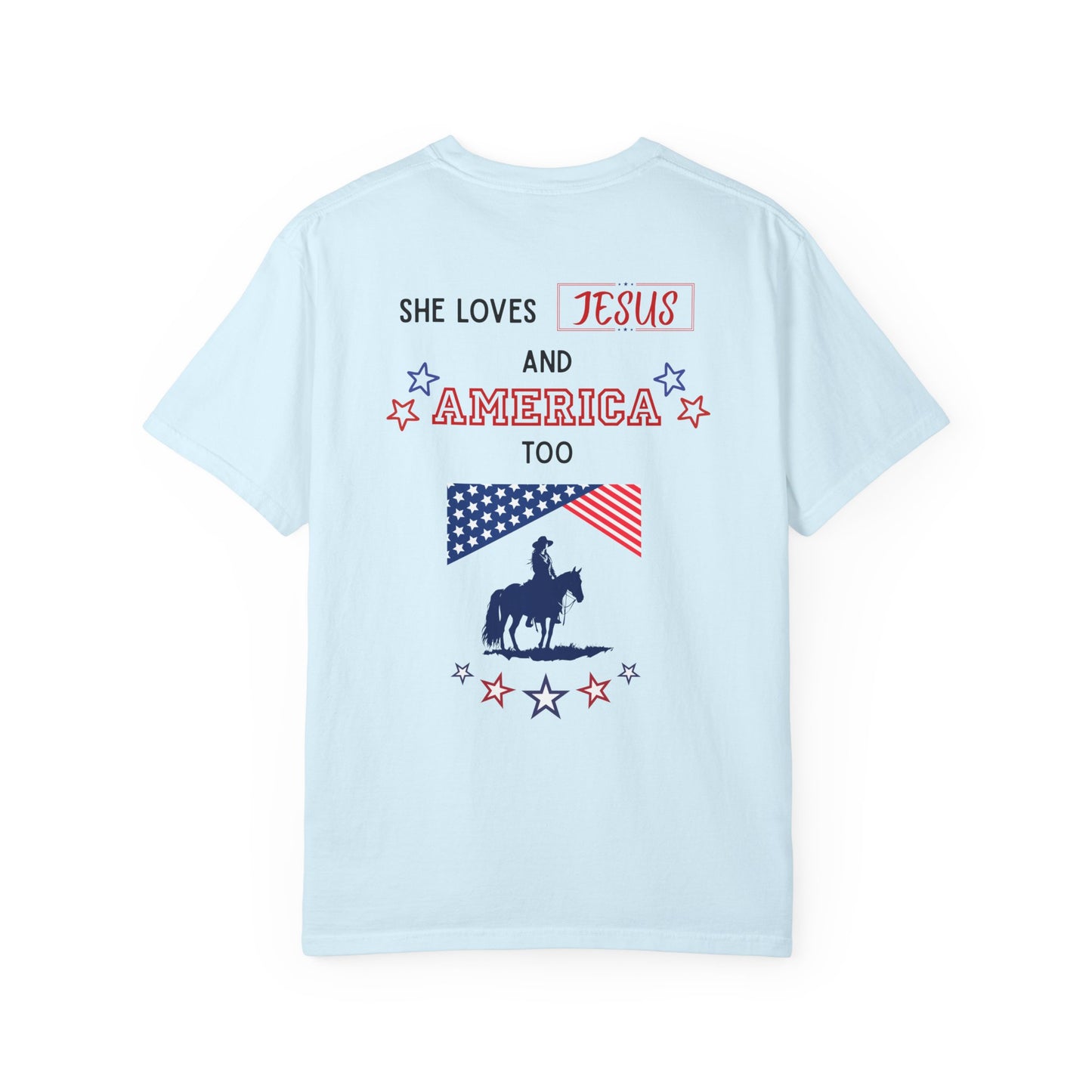 Western Revival T-Shirt — "She Loves Jesus and America Too" Patriotic Cowboy Tee