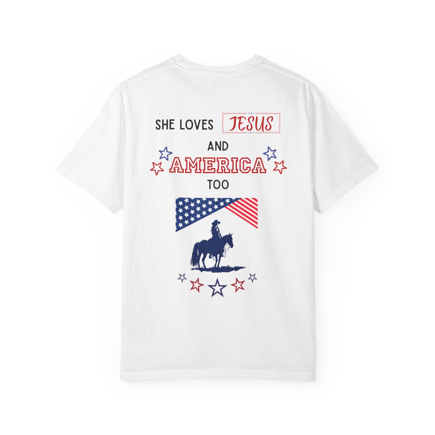Western Revival T-Shirt — "She Loves Jesus and America Too" Patriotic Cowboy Tee