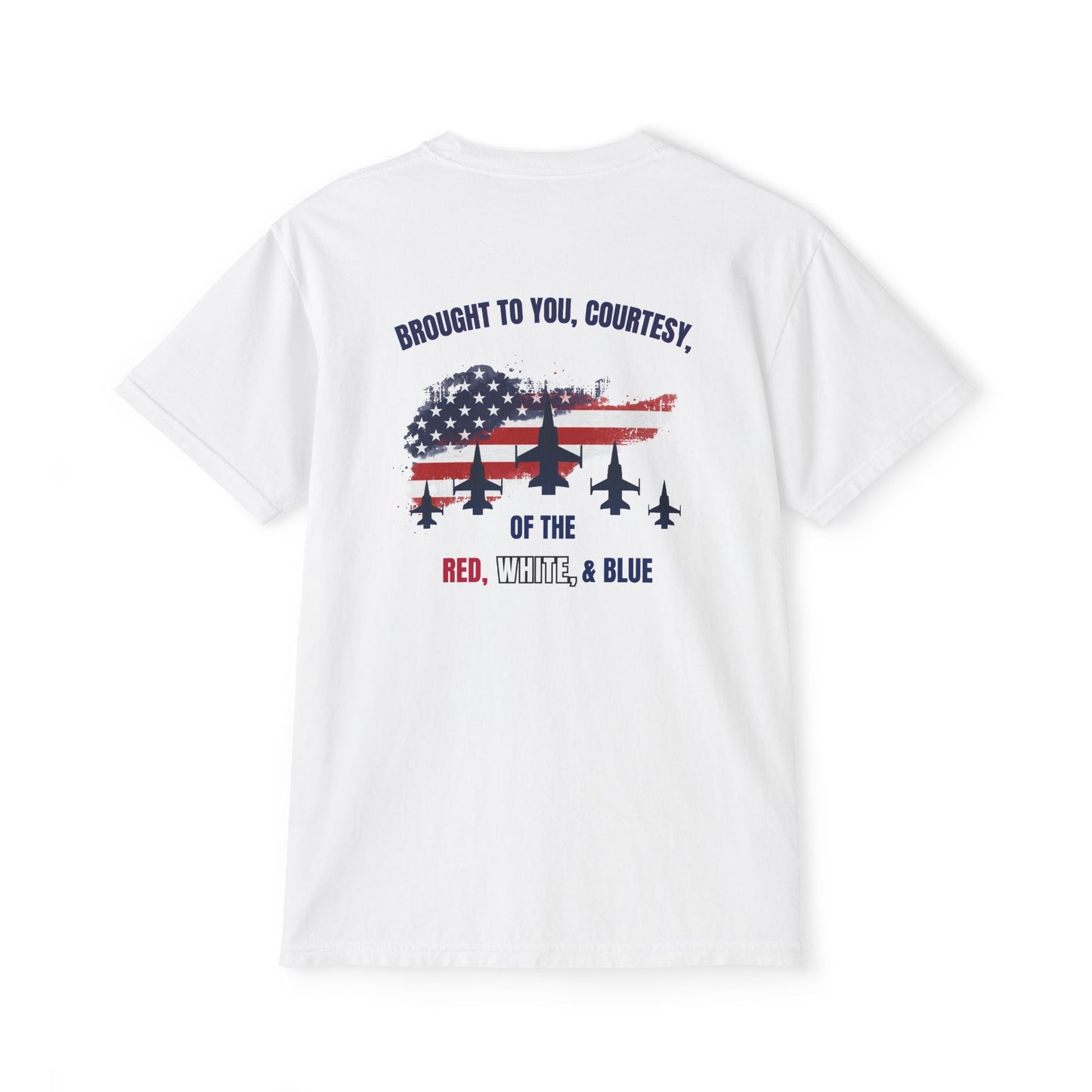 Patriotic Jet Show Pocket T-Shirt — “Brought to You, Courtesy of the Red, White, & Blue”