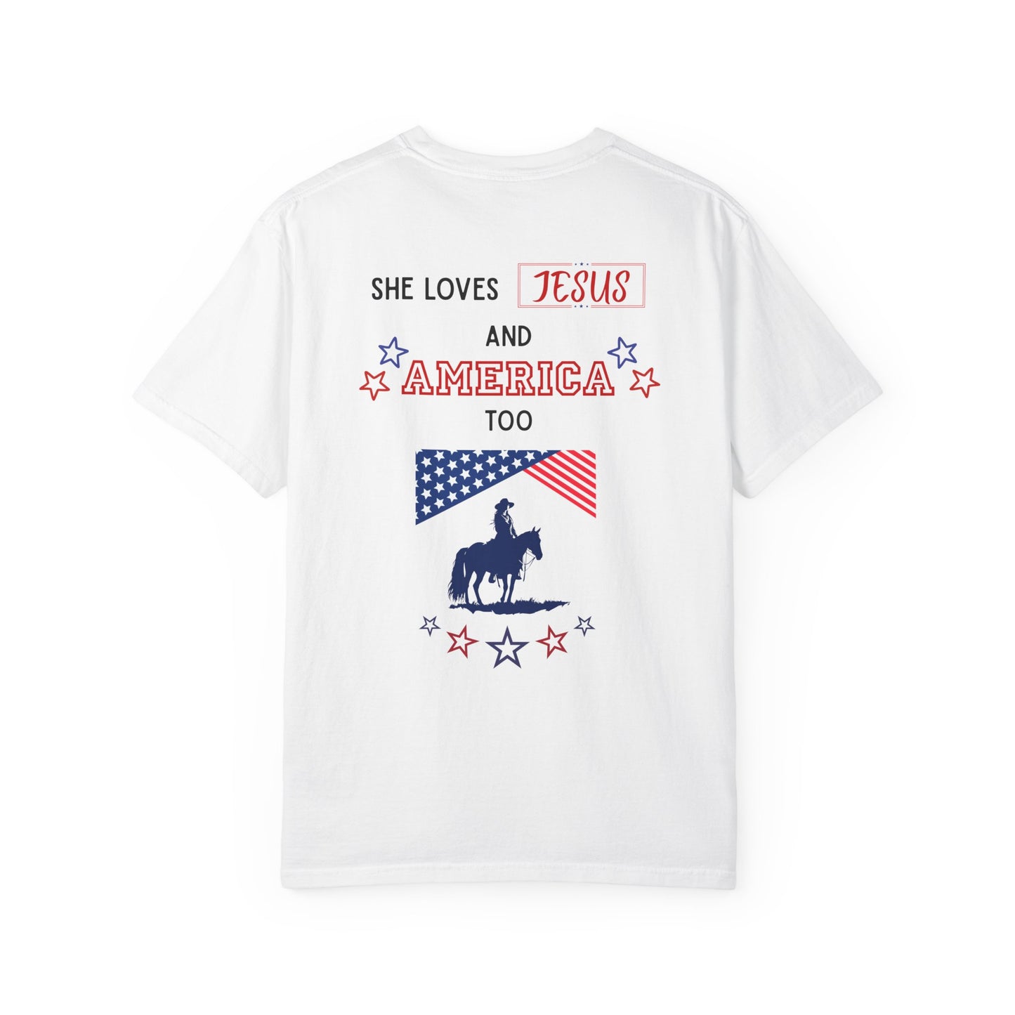 Western Revival T-Shirt — "She Loves Jesus and America Too" Patriotic Cowboy Tee